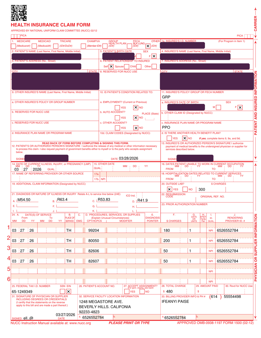 Completed CMS-1500 health insurance claim form — simulated patient, fictional data