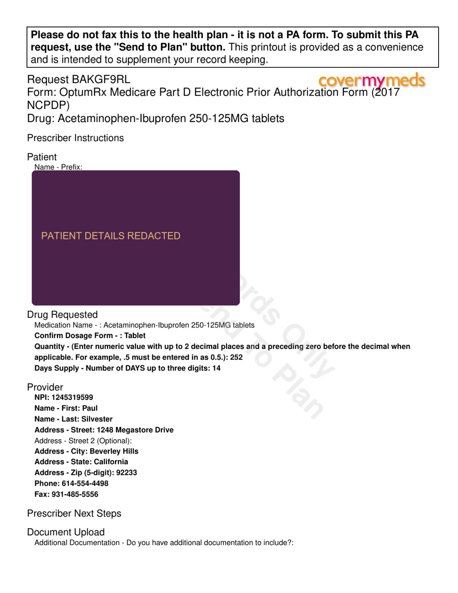 CoverMyMeds electronic prior authorization request — simulated patient, fictional data